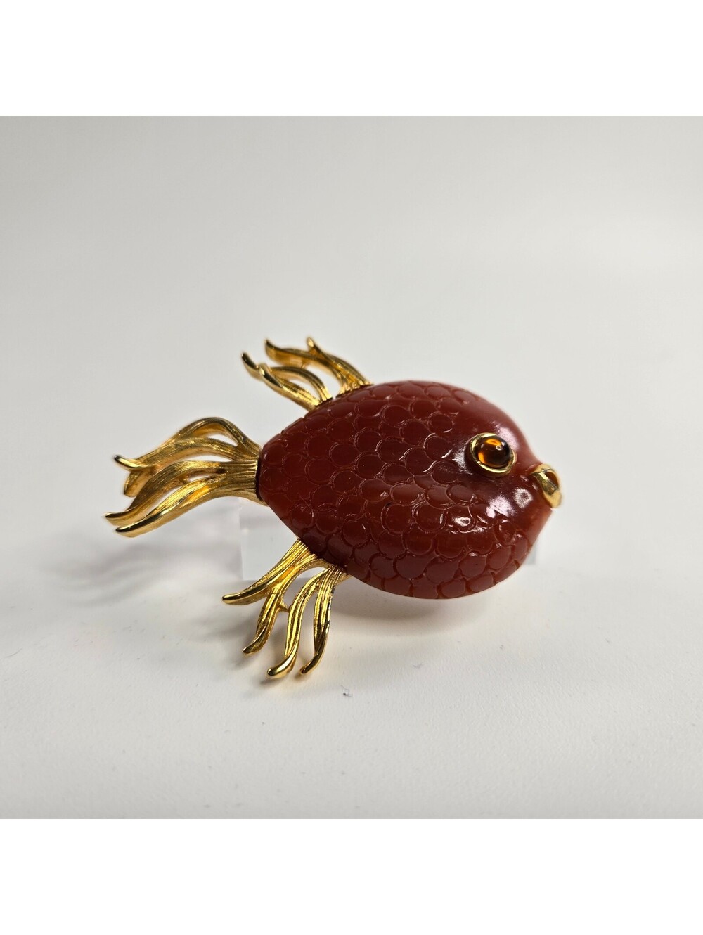 Vintage MV Vellano Lucite Fish Brooch Gold Tone Italian Figural Pin 1980s